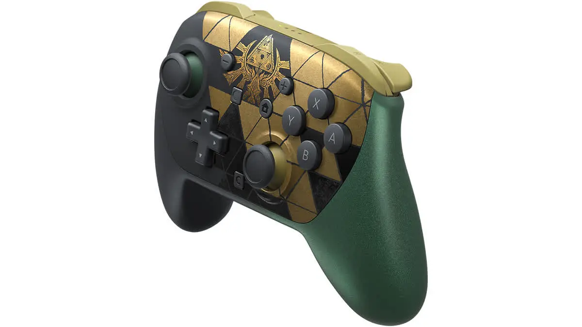 Control Pro de Nintendo Switch 2 edición 40 aniversario de The Legend of Zelda con Trifuerza dorada y agarre verde
