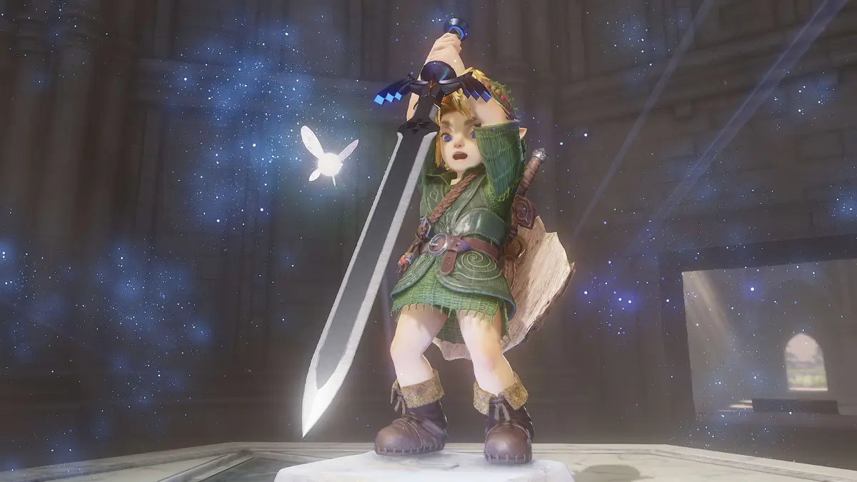 Young Link raising the Master Sword in Ocarina of Time on Switch 2