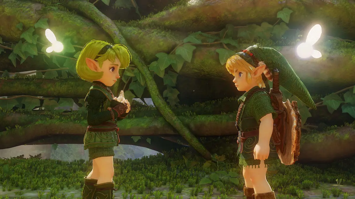Link talking with a friend in the forest, each with a fairy